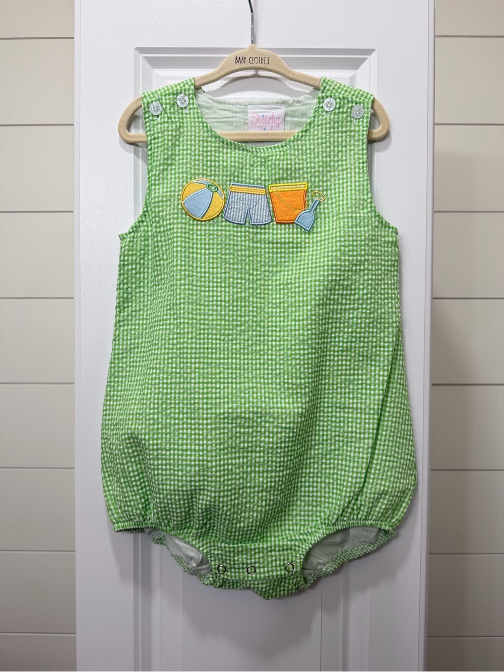 Green Seersucker Baby One-Piece Bodysuit with Beach Appliqué
